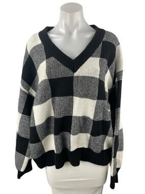 Listicle Black Gingham Check Knit Long Sleeve V Neck Boxy Sweater Top Size S